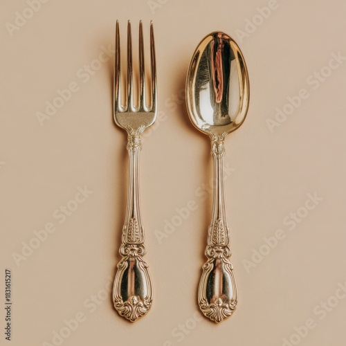 Close up of a vintage ornate golden spoon and fork set with intricate engravings against a smooth beige backdrop.
