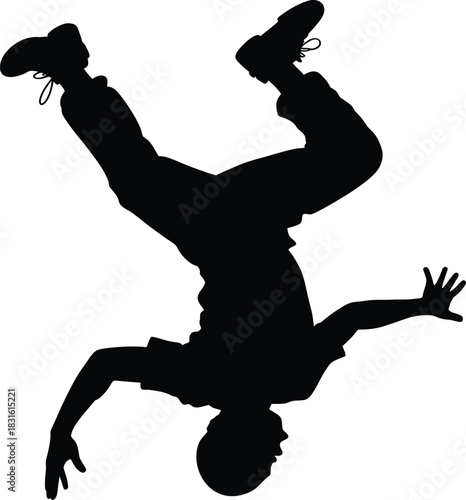 Breakdance silhouette dancer performs dynamic head spin move acrobatic street style