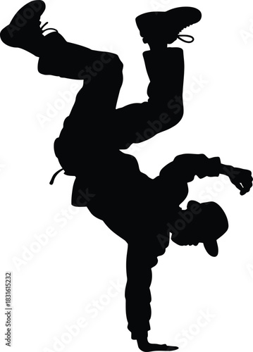Breakdancer silhouette dancer performs frozen pose power stand acrobatic street style
