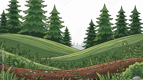 Beautiful rolling green hills and tall pine trees under a bright sky, representing nature's serene beauty