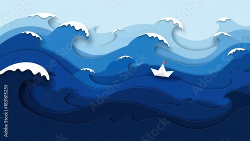 Paper Boat Sailing Through Abstract Blue Ocean Waves