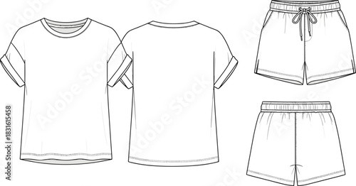 Women casual outfit CAD drawing flat vector illustration, technical fashion sketch of t-shirt and shorts summer clothing design template