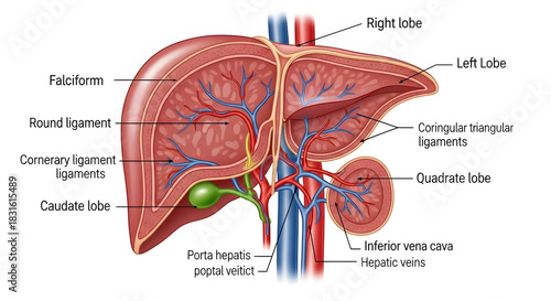 Detailed anatomical illustration of human liver showing lobes and blood supply
