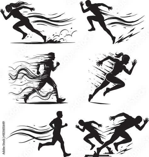 Dynamic Running Silhouettes Vector Set with Motion Blur Fast Athletes Sprinting for Sports, Marathon, and Fitness Design