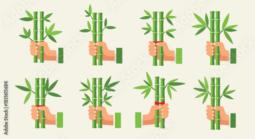 Hands holding bamboo stalks flat style