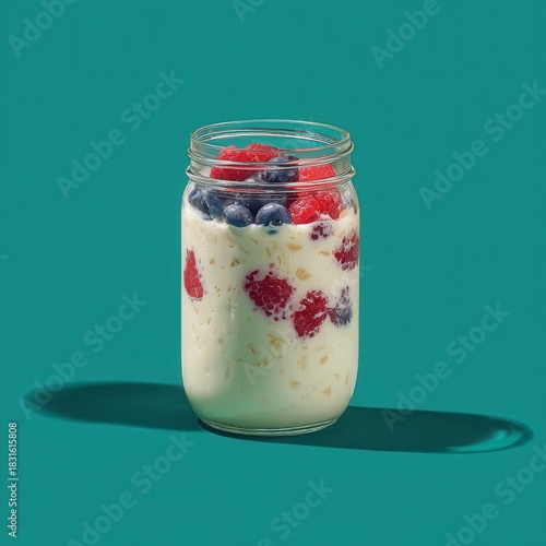 A close up studio shot of a glass mason jar filled with overnight oats and topped with fresh blueberries and raspberries, casting a distinct shadow on a solid teal surface.