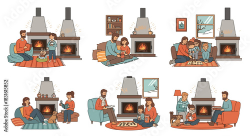 Cozy family moments by the fireplace in winter