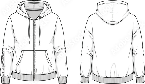 Hoodie front and back view technical sketch, casual streetwear fashion clothing design template, detailed outline, cad drawing flat vector illustration