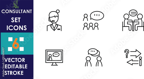 Minimal consultant icon set featuring communication, teamwork, client meetings, virtual consulting, question guidance, and direction support, displayed in editable line style for professional use