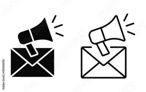 Email marketing announcement icon with megaphone and envelope in solid and outline styles