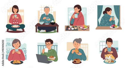 Cozy moments: people enjoying tea and treats at home