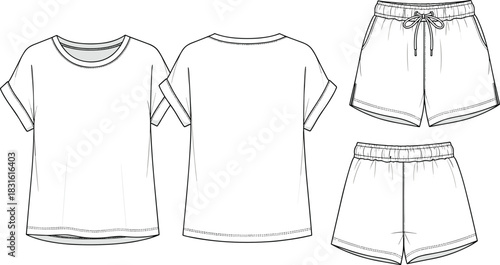 Women casual summer outfit CAD drawing flat vector illustration, technical fashion sketch of t-shirt and shorts clothing design template