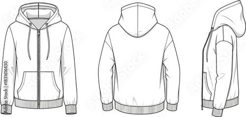 Hoodie front, back, and side view fashion technical sketch, unisex casual clothing design, zipper jacket style, cad drawing flat vector illustration