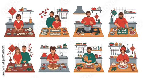 Chinese New Year cooking family preparing traditional dishes