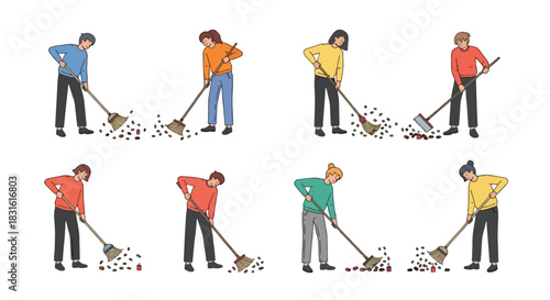 People sweeping leaves outdoors autumn cleanup activity