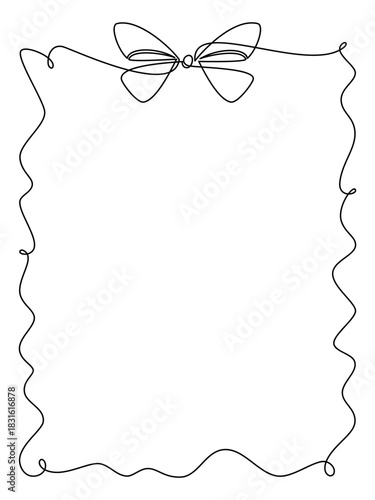 Ribbon bow frame. Holiday ornaments vector. One line continuous drawing. Border, postcard, greeting card, festive wall art print, brochure, hand drawn silhouette