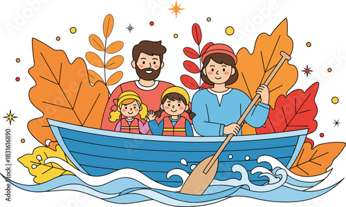 Family rowing boat vector, autumn outdoor activity illustration, cheerful bonding scene, safety and nature design, seasonal adventure graphic