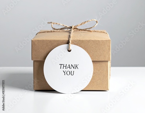A small, rustic brown cardboard gift box tied with twine and featuring a white circular tag that reads 