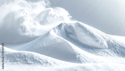 Bright, windswept white snow drifts against a pale sky.