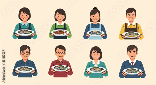 Diverse people holding plates of fish dishes
