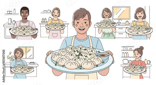 People cooking and serving dumplings in a kitchen