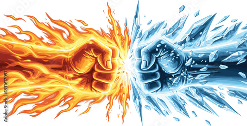 Fire and ice fists vector, elemental clash illustration, opposing forces concept, dramatic impact design, conflict energy burst, dual power graphic