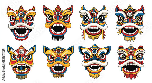 Chinese lion dance masks collection with transparent background