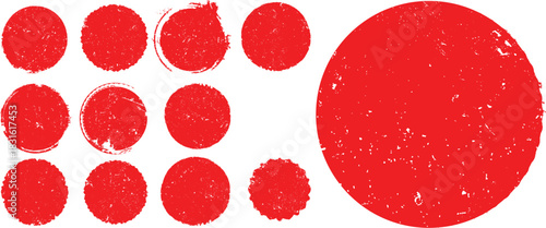 Circle Red Stamp texture grunge set . Rolled ink texture. Organic overlay badges. Vector grainy letterpress texture .Screen print texture.