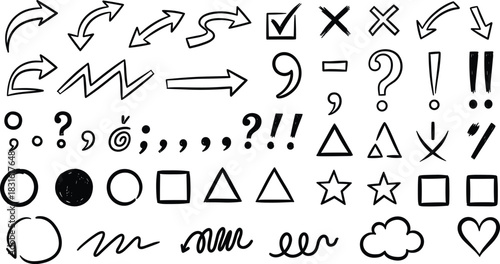 Hand-drawn symbol icon vector illustration, punctuation marks, arrows, shapes, sketch-style design, playful expressive elements for educational and creative use