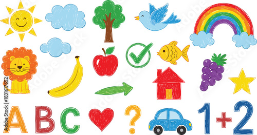 Hand-drawn educational icon vector illustration, ABC letters, math equation, animals, fruits, nature, playful learning design, colorful cartoon symbols for children