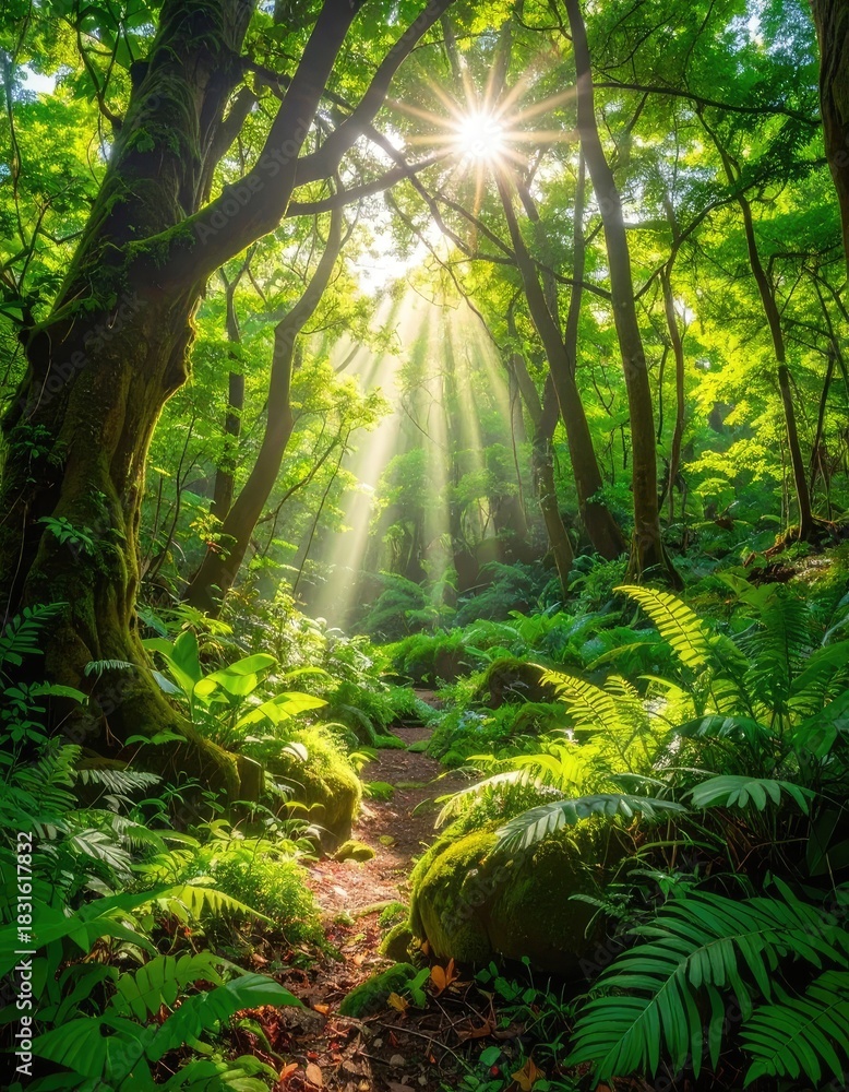 Fototapeta premium Sunlight streams through a dense, vibrant green forest canopy onto a mossy path.
