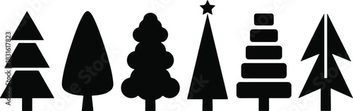Christmas Tree Silhouettes Vector Set. Simple Black Pine and Fir Tree Shapes Isolated on White Background