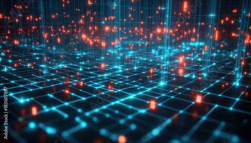 Futuristic Data Stream with Vibrant Pixels in Red and Blue Shimmering Light Effect