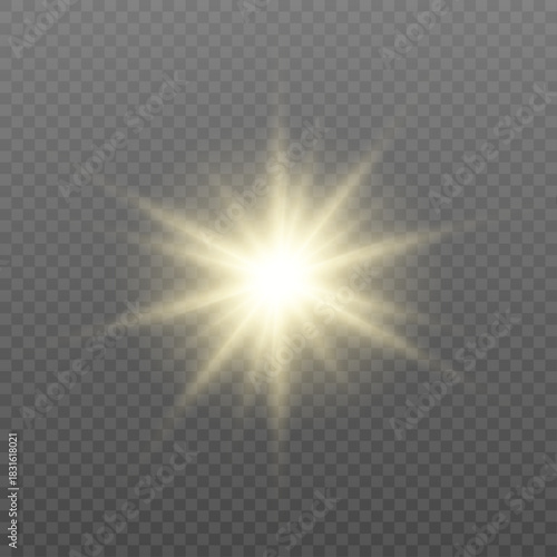 Golden star glow with sparkling dust, radiant light bursts, and neon flare effects. Transparent background ideal for luxury, magical, or festive designs. 