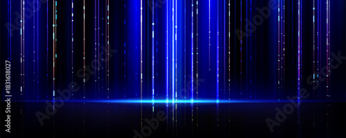 Abstract digital tech background with glowing blue vertical lines and scattered light particles on dark surface. Data pattern with futuristic ai interface atmosphere for modern technology design.