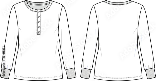 Long-sleeve shirt technical fashion illustration, front and back views, round neckline, button placket, ribbed cuffs and hem, garment design reference