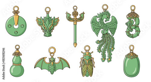 Jade pendants charms collection with transparent background