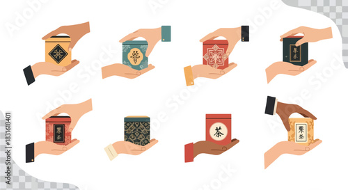 Chinese tea boxes in hands with transparent background