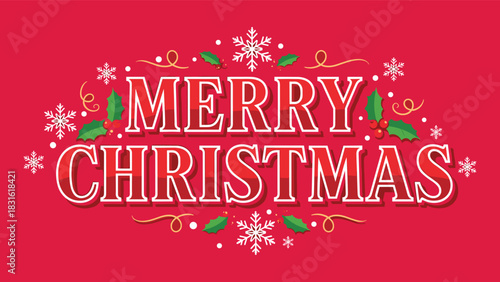 MERRY CHRISTMAS icon vector illustration, red background, white bold text, snowflakes, holly berries, golden swirls, festive holiday greeting design