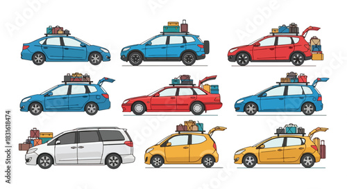 Cars with luggage on roof for summer road trip