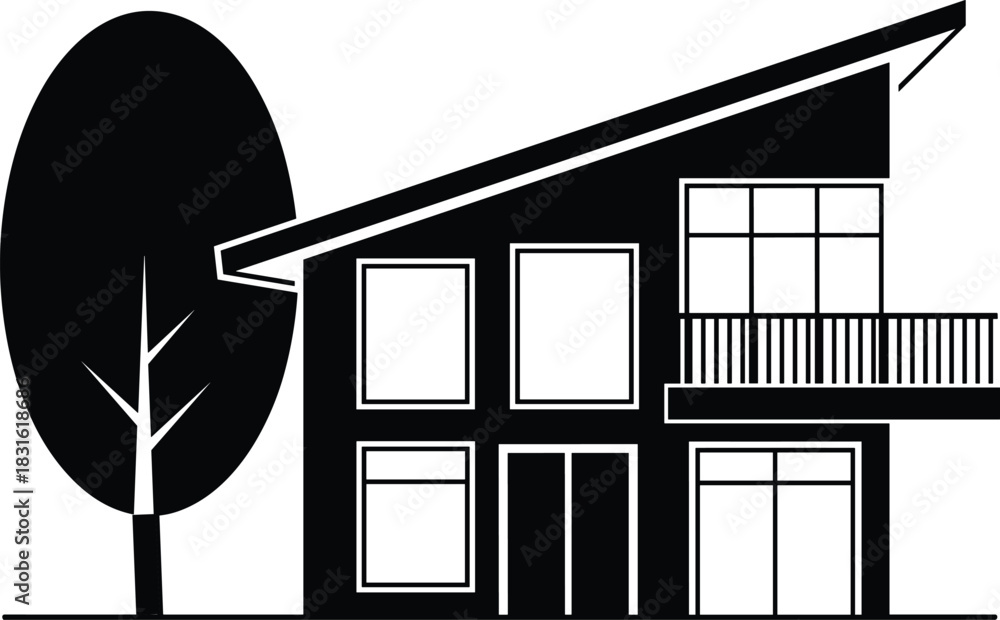 Fototapeta premium Modern house silhouette vector, black-and-white architectural design, balcony and slanted roof, tree and nature element illustration