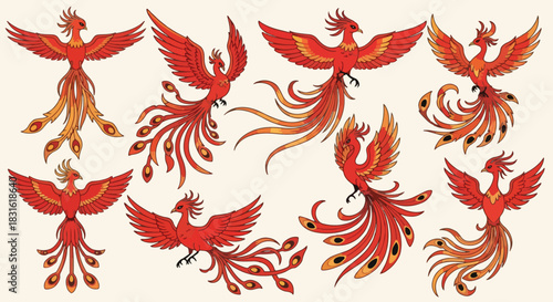 Fiery phoenix birds collection with transparent background