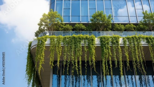 Modern building facade with green plants and glass windows