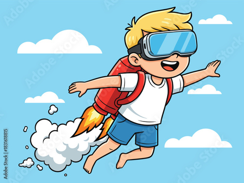 Cute Cartoon Boy Flying with Jetpack and VR Goggles in the Sky
