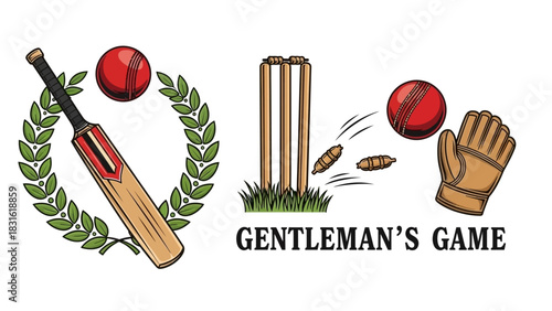Traditional cricket vector elements with laurel wreath, bat, and stumps for sports club branding
