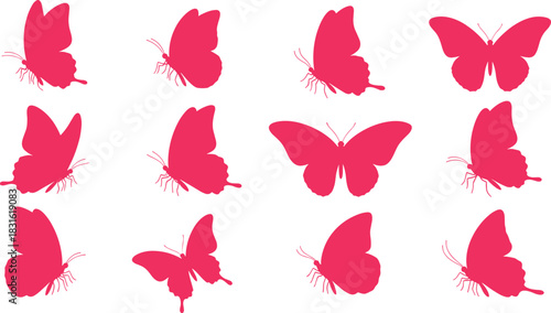 Red butterfly silhouette grid vector, 3x4 species variation, symmetrical wing design, entomology study illustration, decorative insect pattern