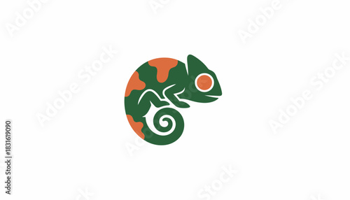 Stylized logo of a green and orange chameleon with a curled tail on a plain white background.