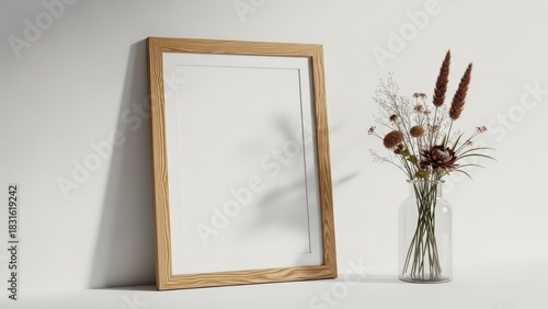 Minimalistic wooden frame and dried flowers in a glass vase on white background