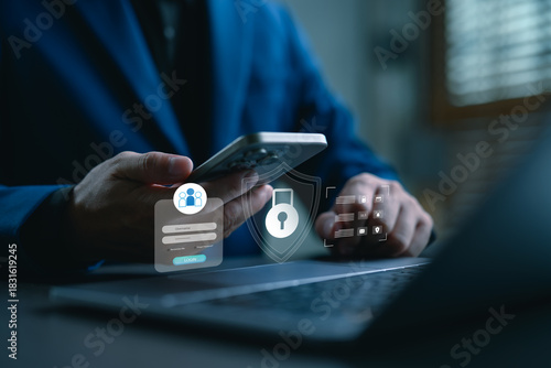 Secure login authentication on mobile device and laptop with digital padlock icon, representing online privacy, user access control, data protection, and cybersecurity technology.
