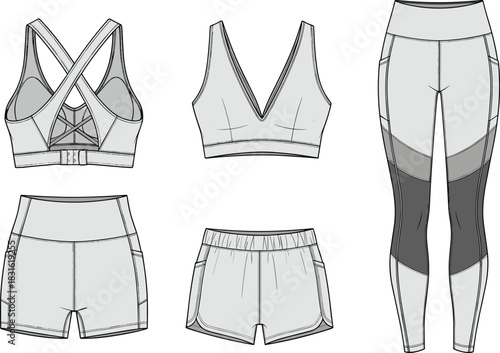 Women activewear set sports bra shorts and leggings front and back fashion design, cad drawing flat vector illustration